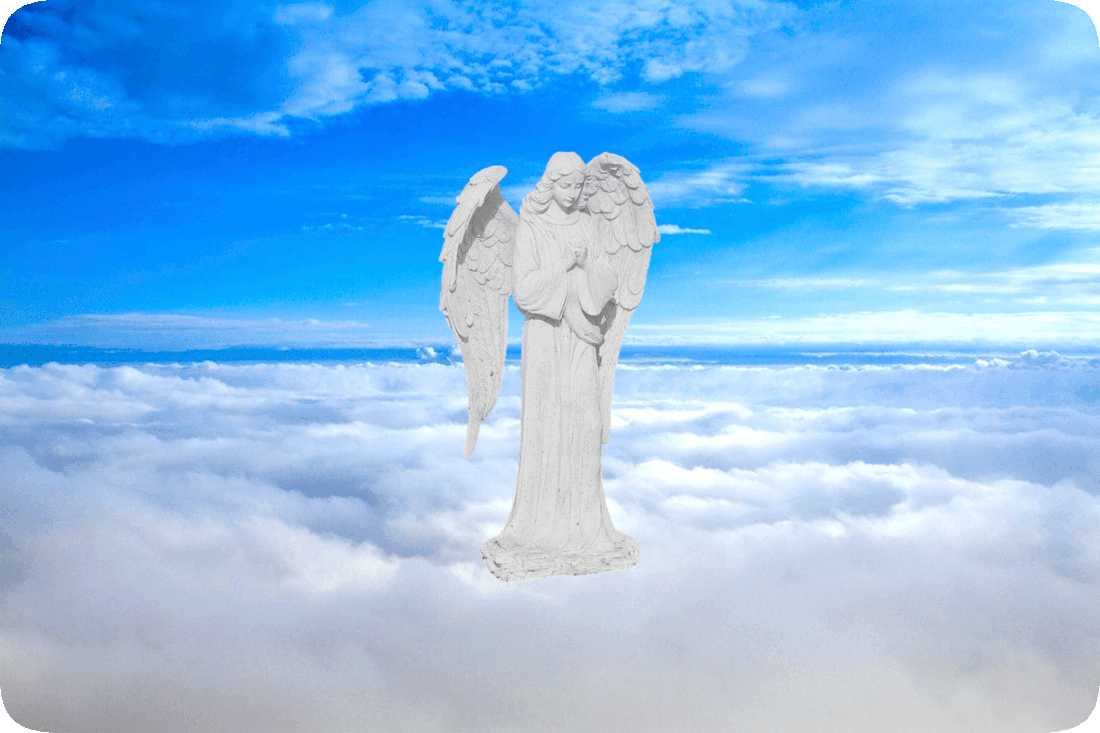 Picture of an angel in the clouds up in the sky.