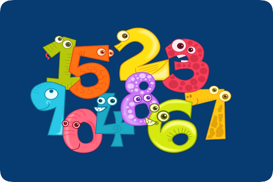 Picture of the numbers one through nine and zero, drawn as brightly colored whimsical characters with eyes and smiles.