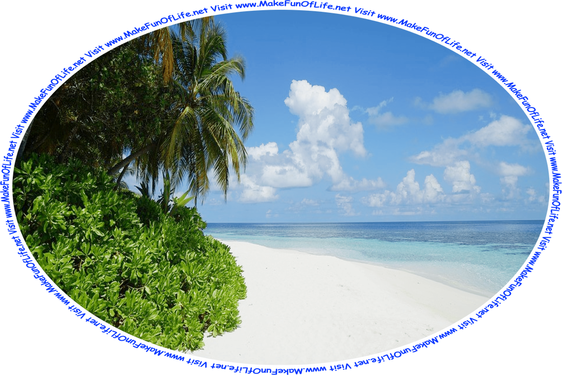 Picture of a tropical beach with green leafy plants on one side of a white sandy shore, calm light blue ocean water on the other side, a blue sky with fluffy white clouds above, and the words, ‘Visit www.MakeFunOfLife.net.’ 