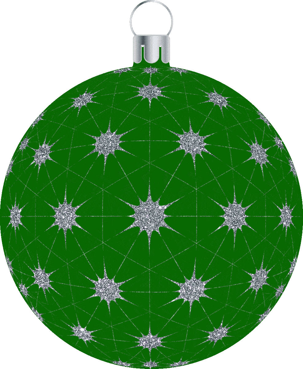 Picture of a green bauble hanging Christmas ornament overlaid with silver glitter stars.