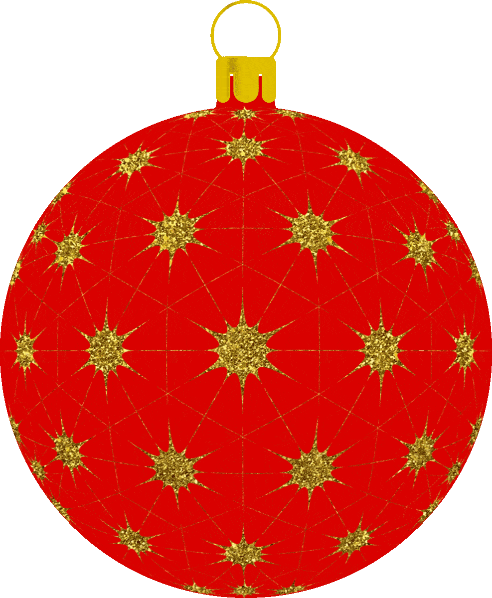 Picture of a red Christmas bauble with gold glitter stars.