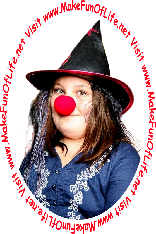 Picture of a girl wearing a pointy witch's hat and a bright red clown nose.