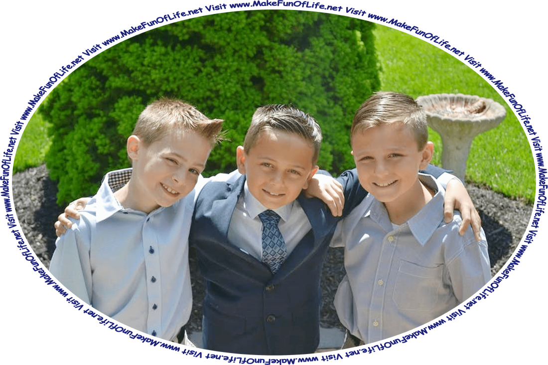 Picture of three happy smiling boys who are friends standing together outside, and the words, ‘Visit www.MakeFunOfLife.net.’