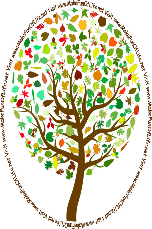 Picture of a tree trunk covered with a variety of leaves in different shapes and shades of color from different types of trees, as though expressing the idea, 'I am every tree.'