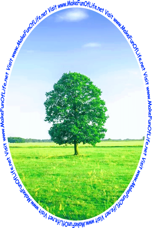 Picture of a green leafy tree in a field of green grass with a blue sky above and the words, 'Visit www.MakeFunOfLife.net.'