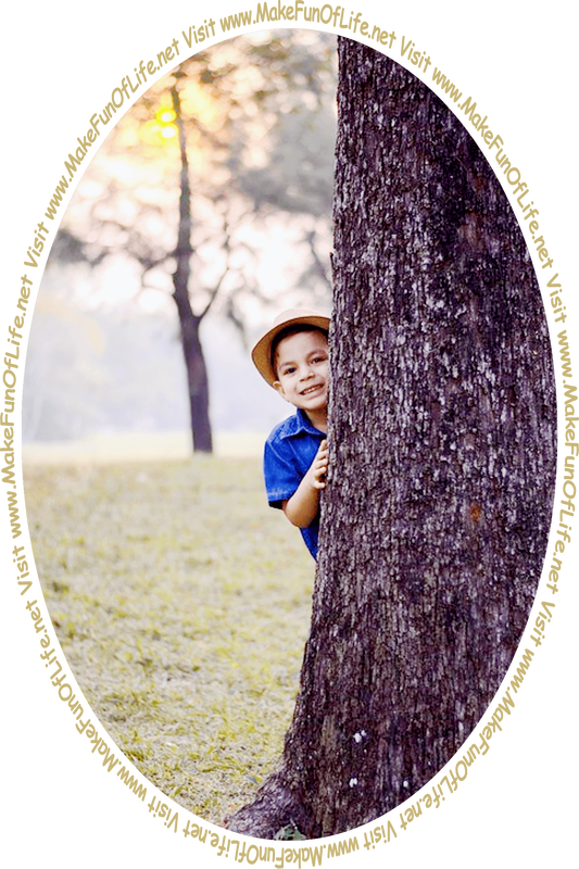 Picture of a boy looking out from behind a tree trunk and the words, 'Visit www.MakeFunOfLife.net.'