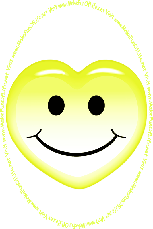 Picture of an orangish-yellow heart with a whimsical smiley face on it, and the words, ‘Visit www.MakeFunOfLife.net.’