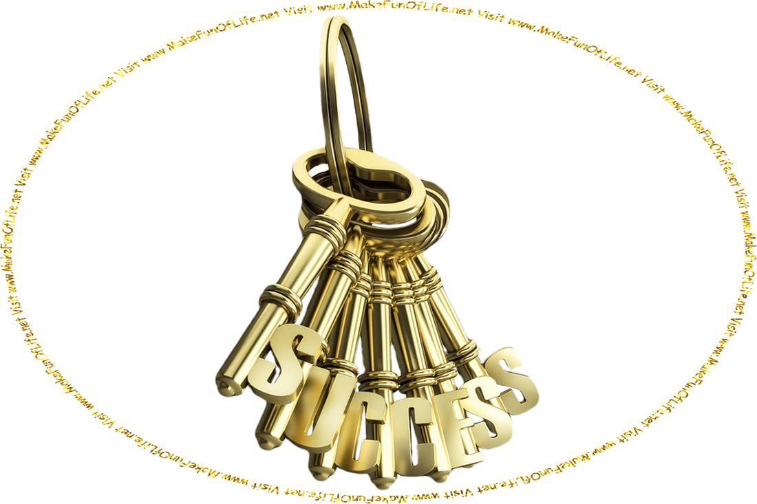 Picture of a set of gold keys, each one having a letter on it, which together spell the word, ‘Success,’ and the words, ‘Visit www.MakeFunOfLife.net.’