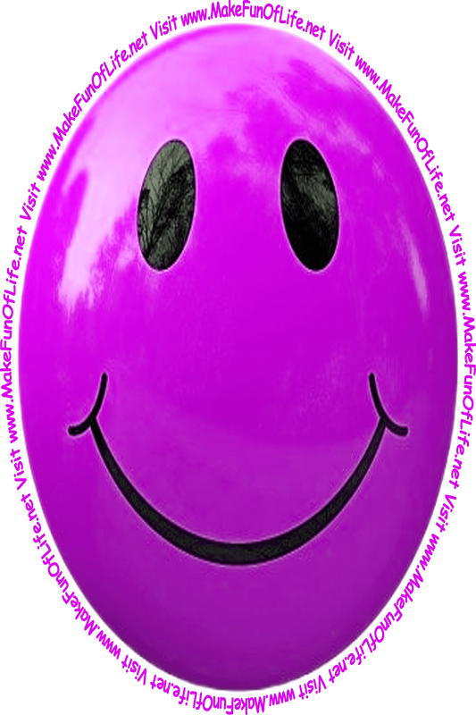 Picture of a lavender smiley face and the words, 'Visit www.MakeFunOfLife.net.'