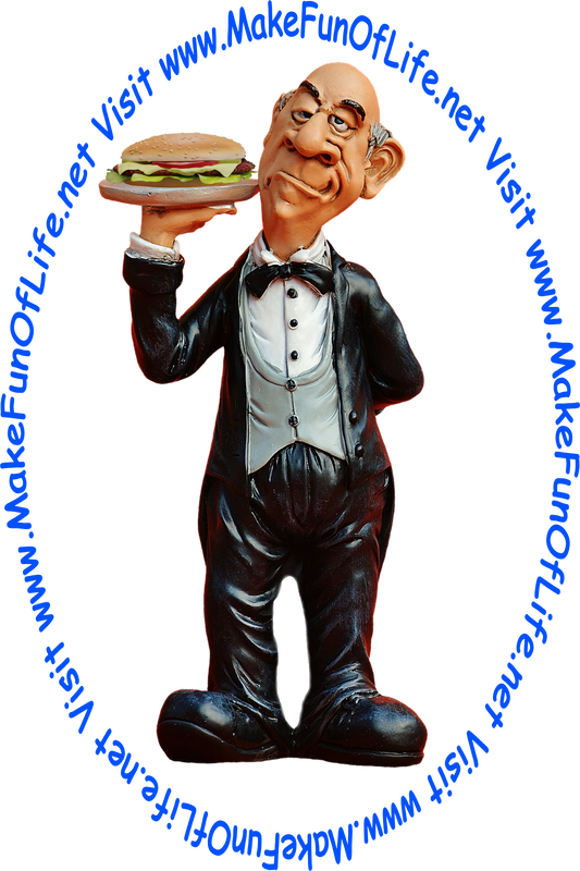 Picture of a waiter carrying a tray with an enormous hamburger sandwich on it.