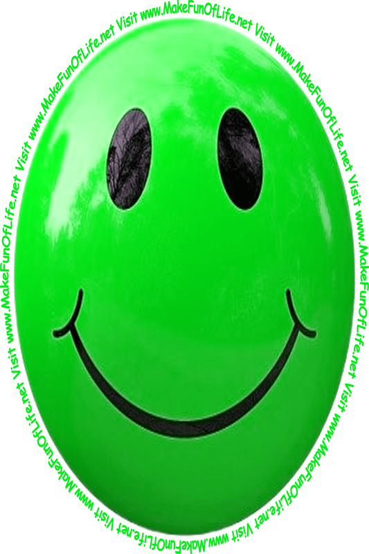 Picture of a light green smiley face and the words, 'Visit www.MakeFunOfLife.net.'