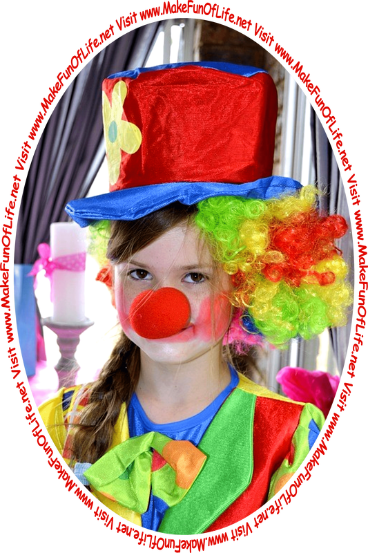 Picture of a girl dressed as a clown, with a big red nose, multicolored wig, large red and blue hat, clown makeup, brightly colored clothes, and the words, ‘Visit www.MakeFunOfLife.net.’