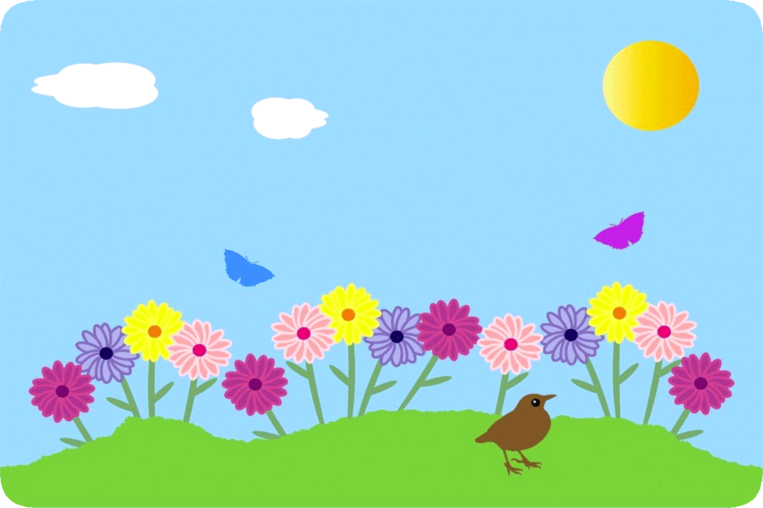 Picture of a bird standing in green grass surrounded by flowering plants, with a blue sky, yellow Sun, and white fluffy clouds overhead.