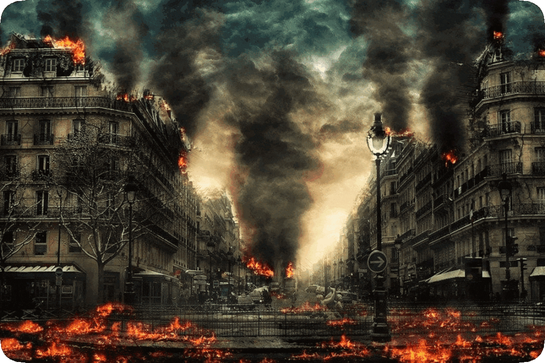 Picture of a fictional depiction of a city burning, with scattered flames and thick black smoke billowing into the sky.