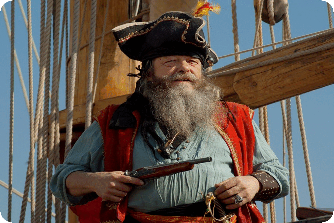 Picture of a happy smiling bearded pirate wearing a three-pointed hat and standing near the riggings of a sailing ship, while holding a musket and wearing a cutlass at his side.