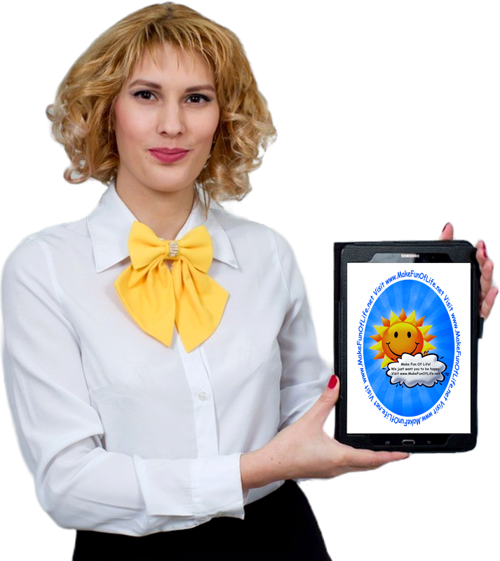 Picture of a woman holding a computer tablet displaying the Make Fun Of Life! logo, which is the happy smiling Sun peeking out from behind a cloud.