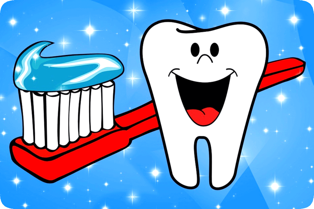 Picture of a smiling happy tooth and a toothbrush with toothpaste on it and a blue background with sparkles or stars.
