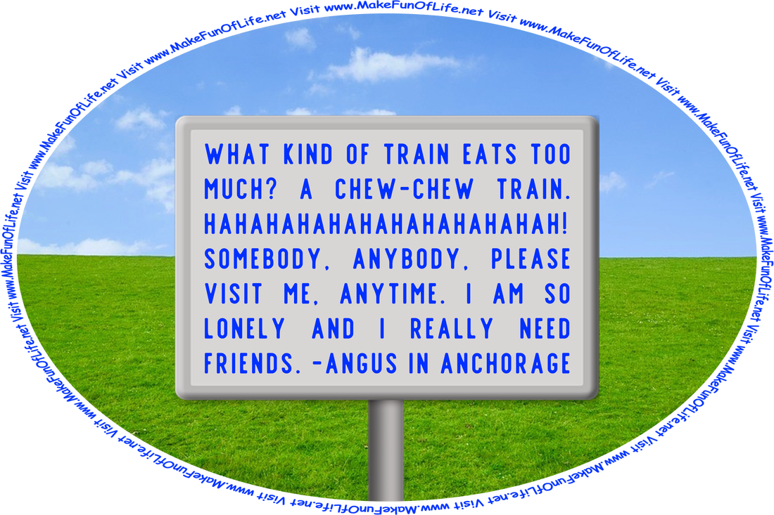 Picture of a sign reading ‘WHAT KIND OF TRAIN EATS TOO MUCH? A CHEW-CHEW TRAIN. HAHAHAHAHAHAHAHAHAHAHAH! SOMEBODY, ANYBODY, PLEASE VISIT ME, ANYTIME. I AM SO LONELY AND I REALLY NEED FRIENDS. -ANGUS IN ANCHORAGE,’ and the words, ‘Visit www.MakeFunOfLife.net.’