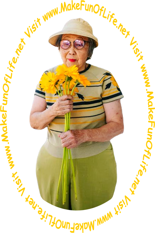 Picture of a woman holding a bouquet of flowers with yellow blossoms.