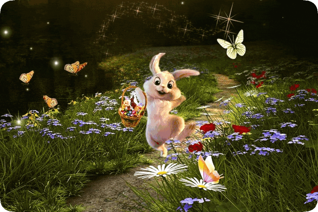 Picture of a happy smiling Peter Cottontail hopping down the bunny trail while carrying a basket of colored Easter eggs.
