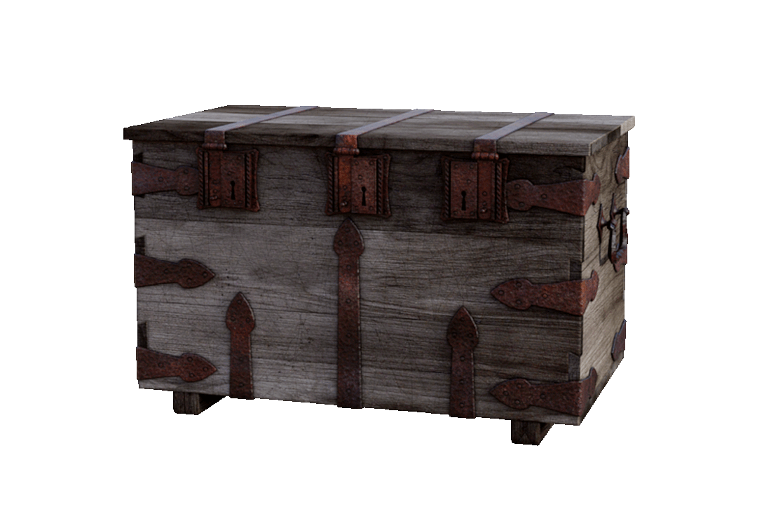 Picture of a rustic wooden chest with three locks and carrying handles on its ends.