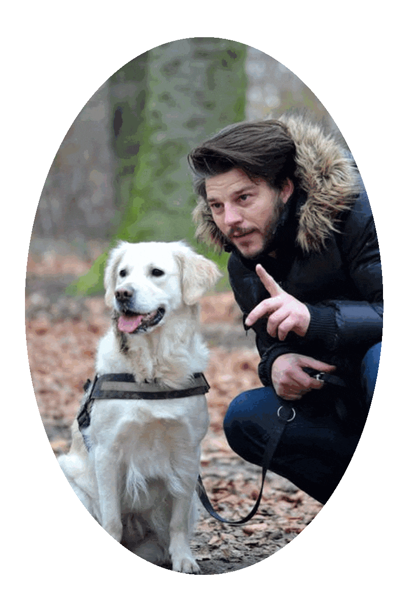 Picture of a man and a dog.