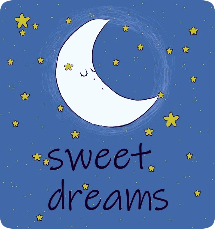 Nighttime picture of a crescent Moon with a whimsical face on it, the eyes closed as if sleeping, stars shining in the sky around it, and the words, ‘Sweet Dreams.’