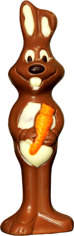 Picture of a happy smiling chocolate Easter bunny holding an orange carrot.