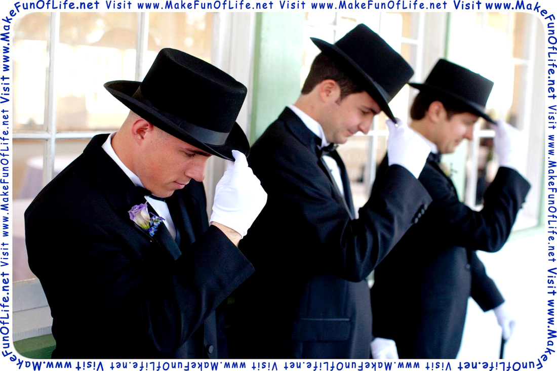 Picture of three men in formal attire tipping their hats in deference.