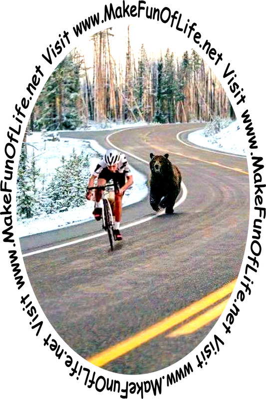 Picture of a man riding a bicycle in warm weather clothes on a cold winter day, with a bear chasing him.