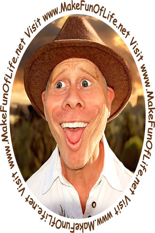 Caricature, or a humorously exaggerated picture, of a happy smiling man wearing a brown hat and looking at the words and pictures on the website.