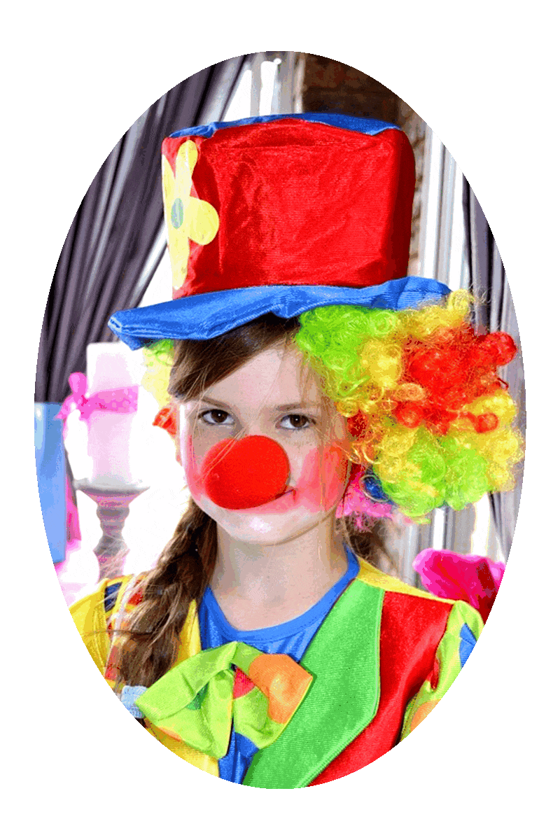 Picture of a girl dressed as a clown, with a big red nose, multicolored wig, large red and blue hat, clown makeup, and brightly colored costume.