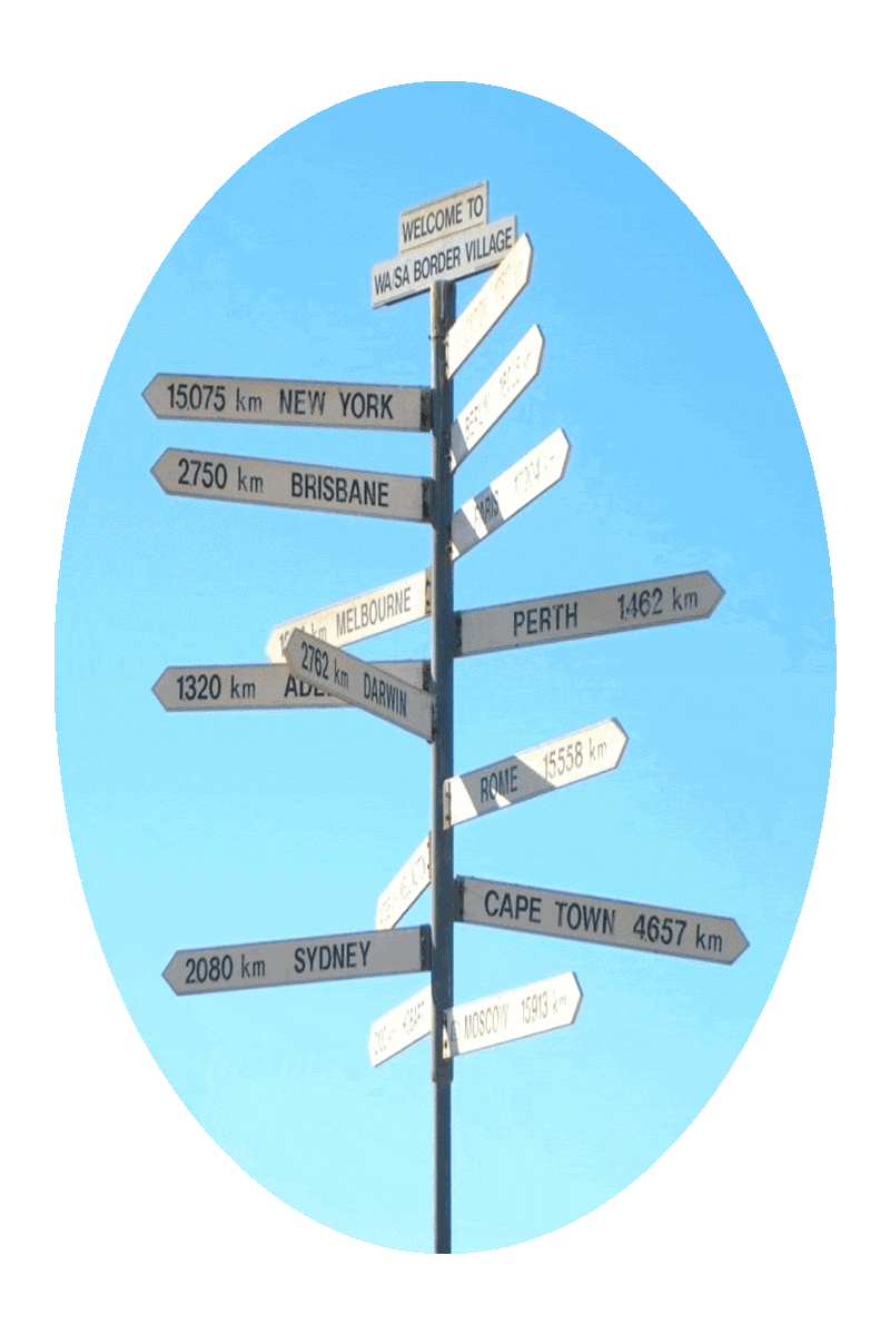 Picture of a sign post, with the names of cities and distances to the cities on arrow-shaped signs, with a clear blue sky above.