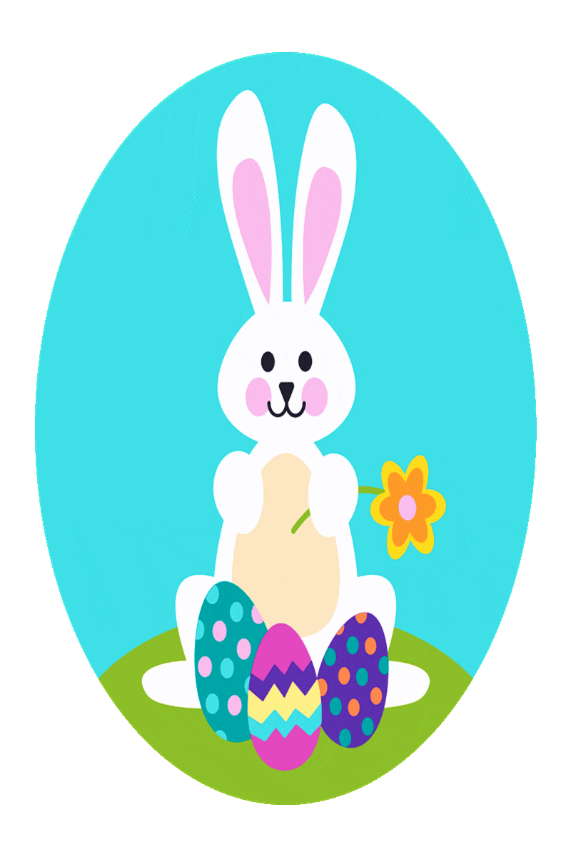 Picture of a bunny rabbit and three colorfully decorated Easter eggs.