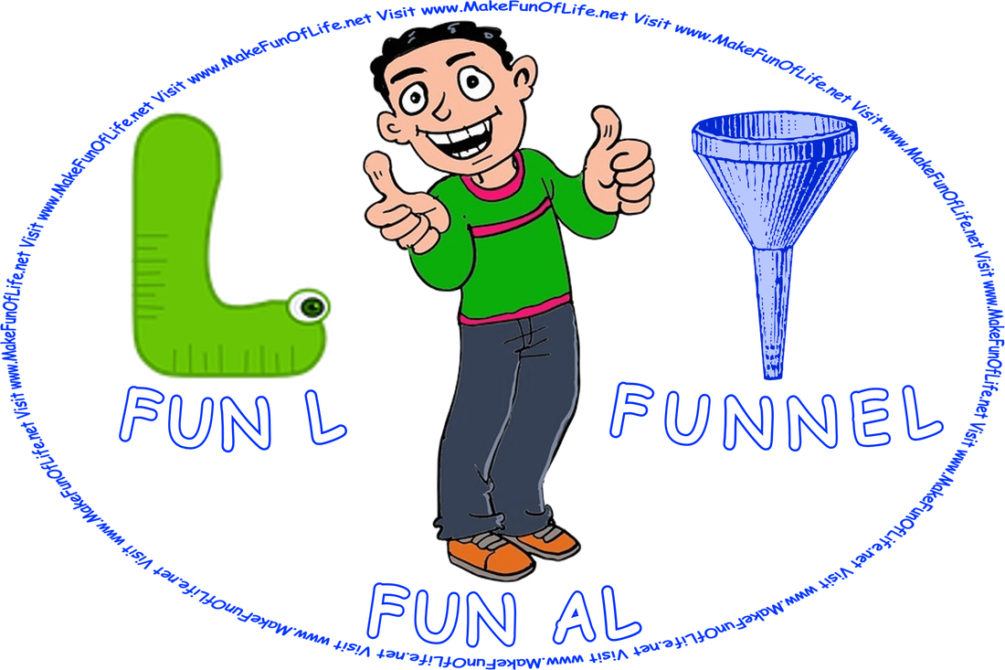 Picture of a green letter L with an eye, so that it resembles a snake, a happy, smiling, thumbs up man named Al, and a funnel that has a wide opening at one end and a narrow opening at the other end, and the words, ‘Visit www.MakeFunOfLife.net.’