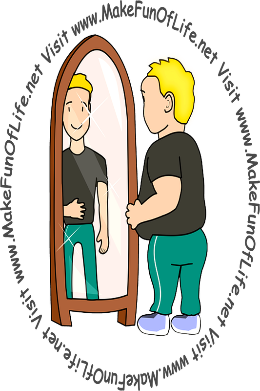 Picture of an out-of-shape overweight man looking into a mirror and seeing his reflection as a smiling happy trim fit man looking back at him.