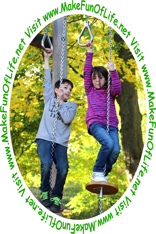 Picture of a boy and a girl on playground equipment designed to improve eye-hand coordination, muscle strength, and balance, outside under green leafy trees.