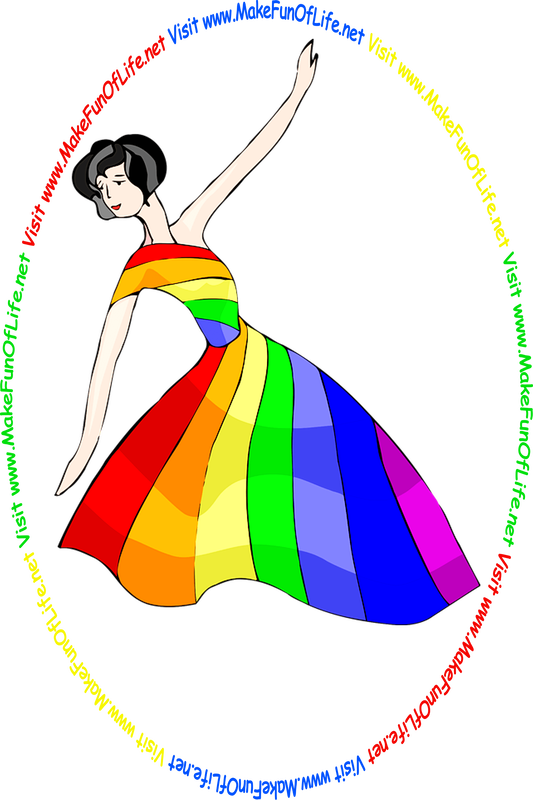 Picture of a woman wearing a dress with broad vertical stripes in colors red, orange, yellow, green, indigo, blue, and purple, and the words, 'Visit www.MakeFunOfLife.net.'
