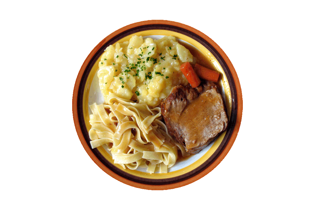 Picture of a dinner plate with scalloped potatoes topped with bits of green chives, orange carrots, wide flat pasta noodles, brown gravy, and slices of roast beef.