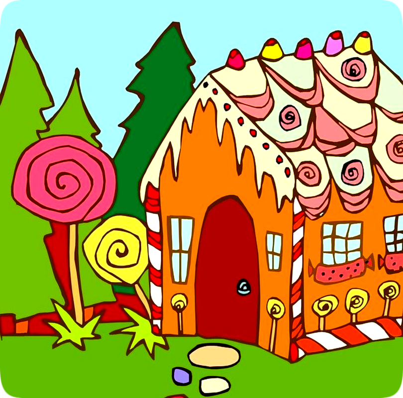 Picture of a gingerbread house, with lollipop trees and lollipop flowers, in the midst of a woods of evergreen trees, under a clear blue sky