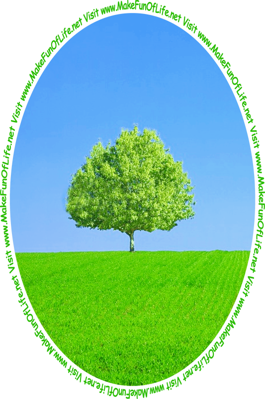 Picture of a green leafy tree in a green grassy field with a clear blue sky above and the words, 'Visit www.MakeFunOfLife.net.'