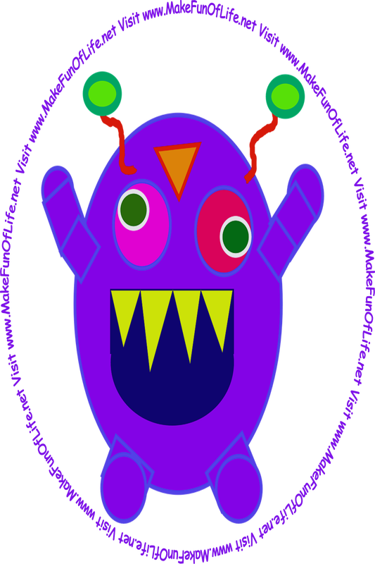 Picture of a happy smiling silly indigo-color monster with 2 antennae, and the words, 'Visit www.MakeFunOfLife.net.' 