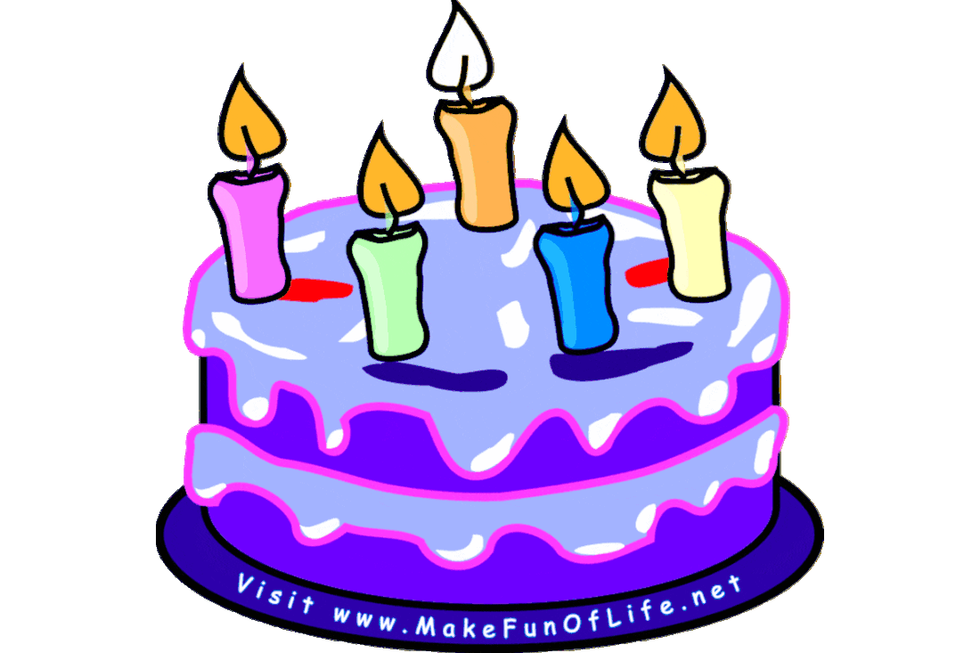 Picture of a birthday cake with lit candles and the words, ‘Visit www.MakeFunOfLife.net.’