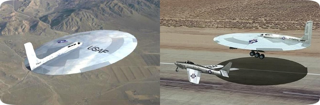 Two pictures of a saucer-shaped aircraft as developed by the United States Air Force for military purposes.