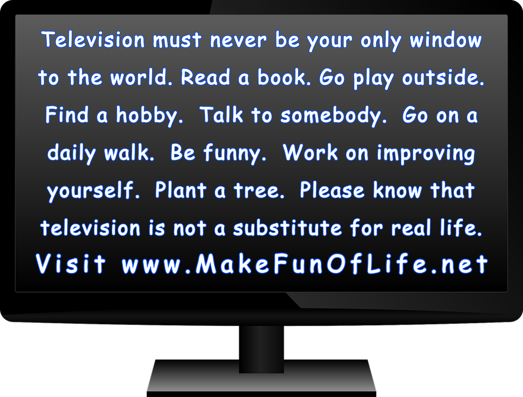 Picture of a television with the screen reading, ‘Television must never be your only window to the world. Read a book. Go play outside. Find a hobby. Talk to somebody. Go on a daily walk. Be funny. Work on improving yourself. Plant a tree. Please know that television is not a substitute for real life. Visit www.MakeFunOfLife.net.’
