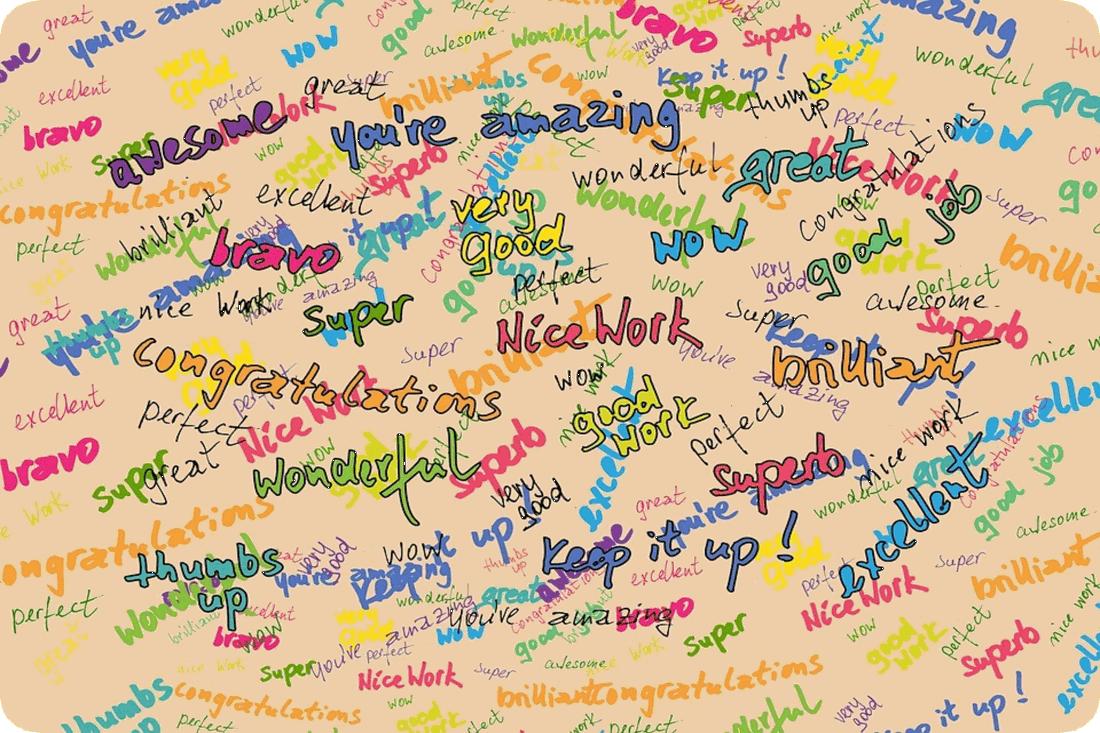 Picture of a surface on which people have written the words of encouragement, 'Bravo, Awesome, Superb, Excellent, Wow, Wonderful, Brilliant, Congratulations, Amazing, Keep It Up, Good Job, Perfect, Good Work, and Great.'