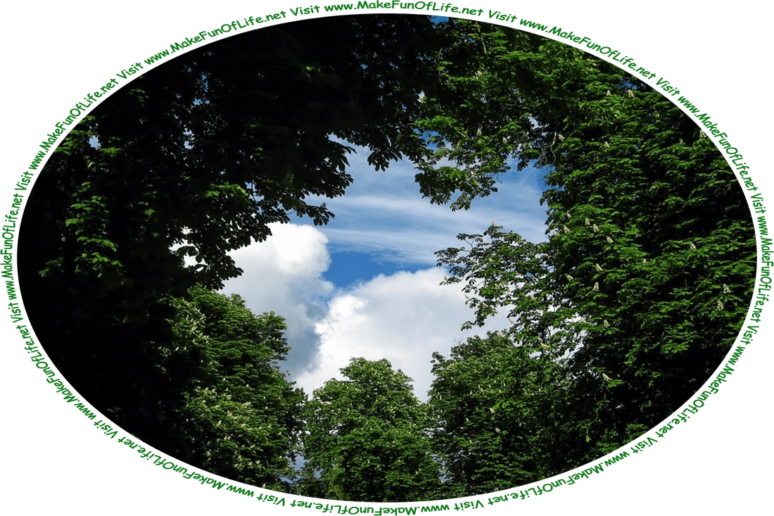 Picture of a tree canopy of green leaves and branches, framing or surrounding a view of a blue sky with fluffy white clouds, and the words, ‘Visit www.MakeFunOfLife.net.’