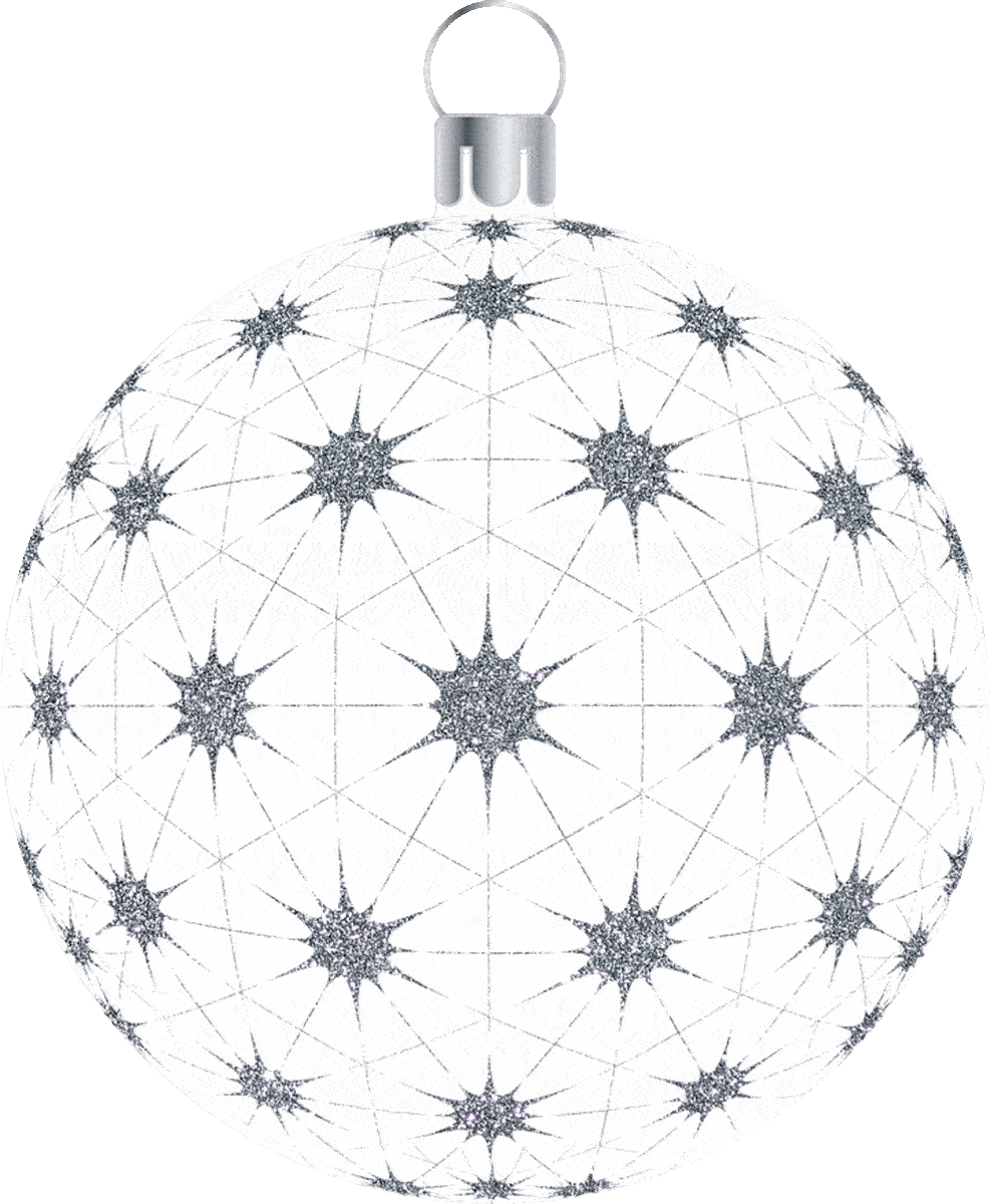 Picture of a white bauble hanging Christmas ornament overlaid with silver glitter stars.