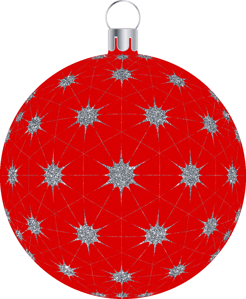 Picture of a red Christmas bauble with silver glitter stars.