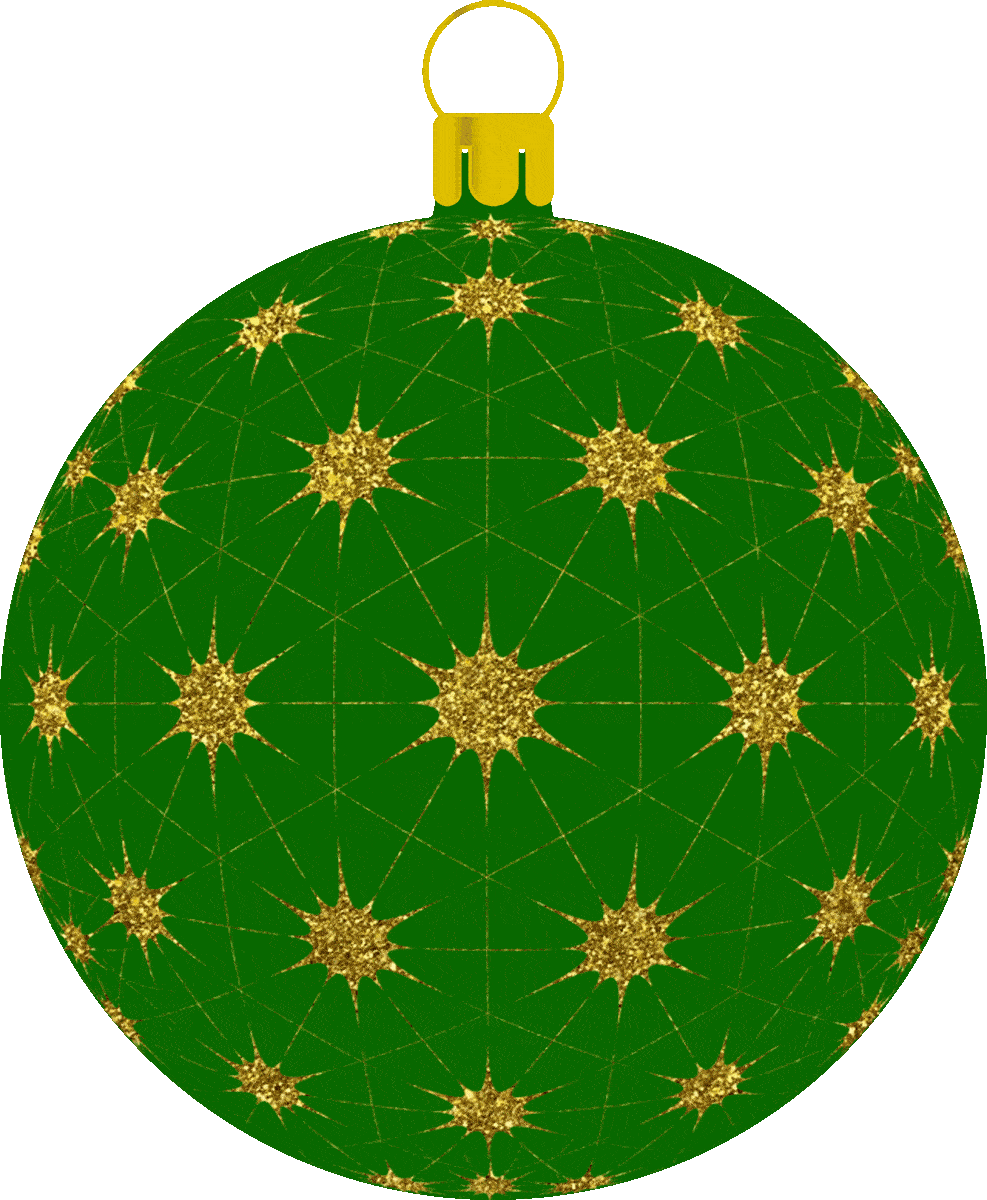 Picture of a green bauble hanging Christmas ornament overlaid with gold glitter stars.